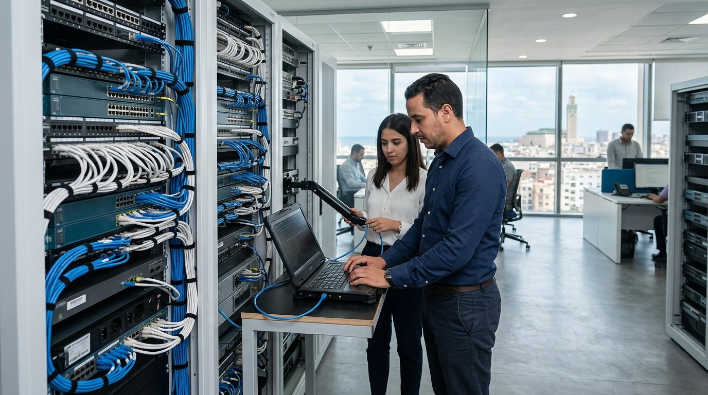 Ingénieur Ge4Tech Maroc installant une infrastructure réseau IT dans une entreprise à Casablanca