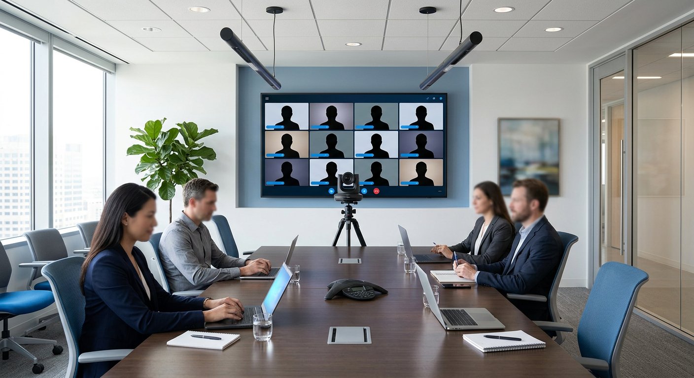 Salle de visioconférence équipée d'une caméra PTZ et d'un écran pour entreprise au Maroc